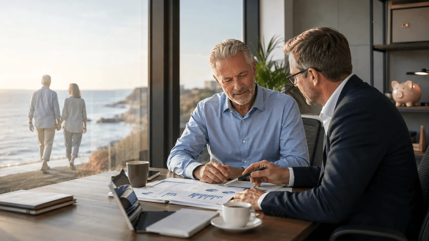 An adviser and a business owner going through figures at a table by a window, with a couple walking on the beach outside.