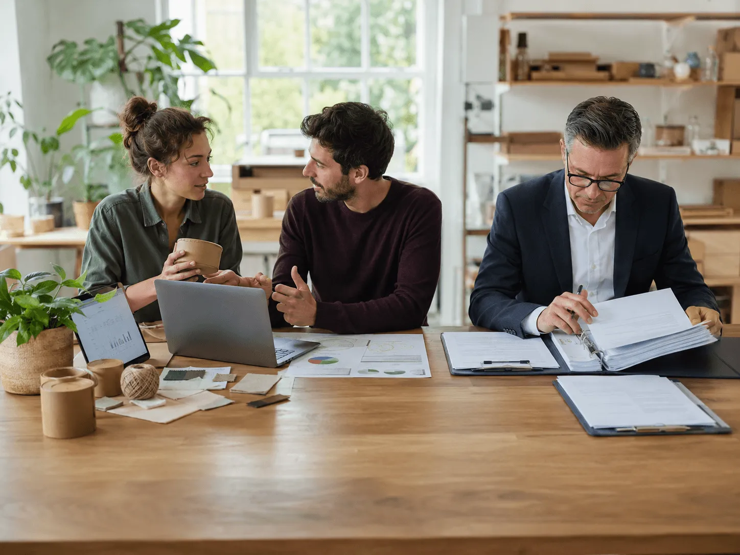 Three business owners talking over laptops and printed reports at a wooden table, with an adviser making notes.