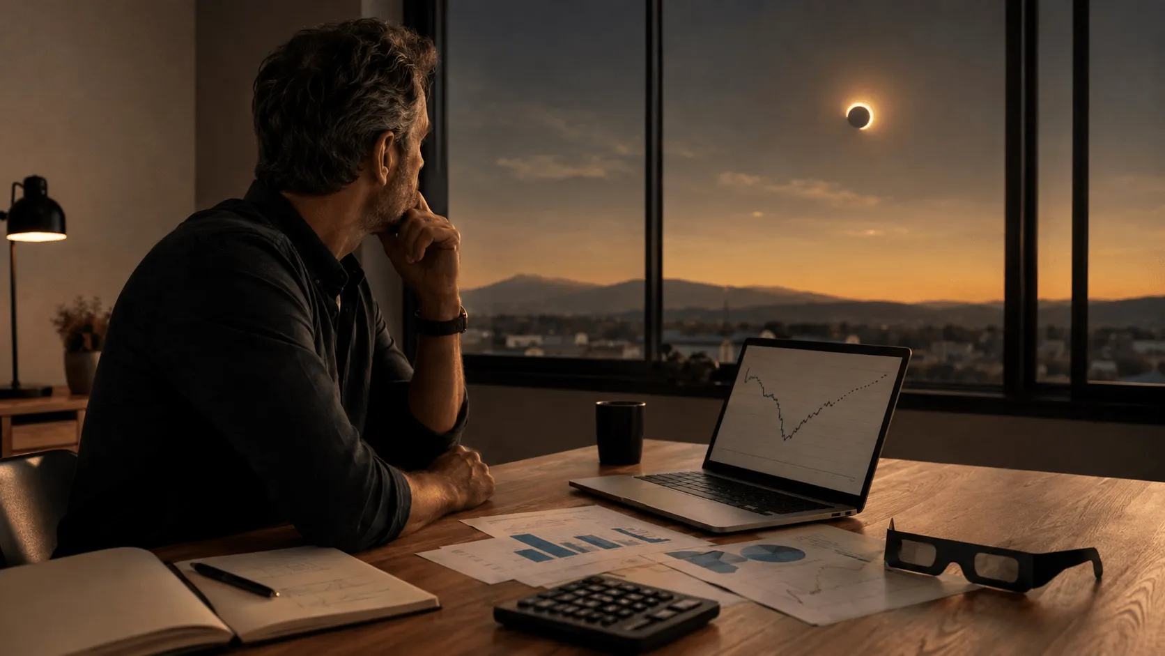 A business owner at a desk at dusk, laptop and cash flow papers in front of him, watching a solar eclipse through the window.