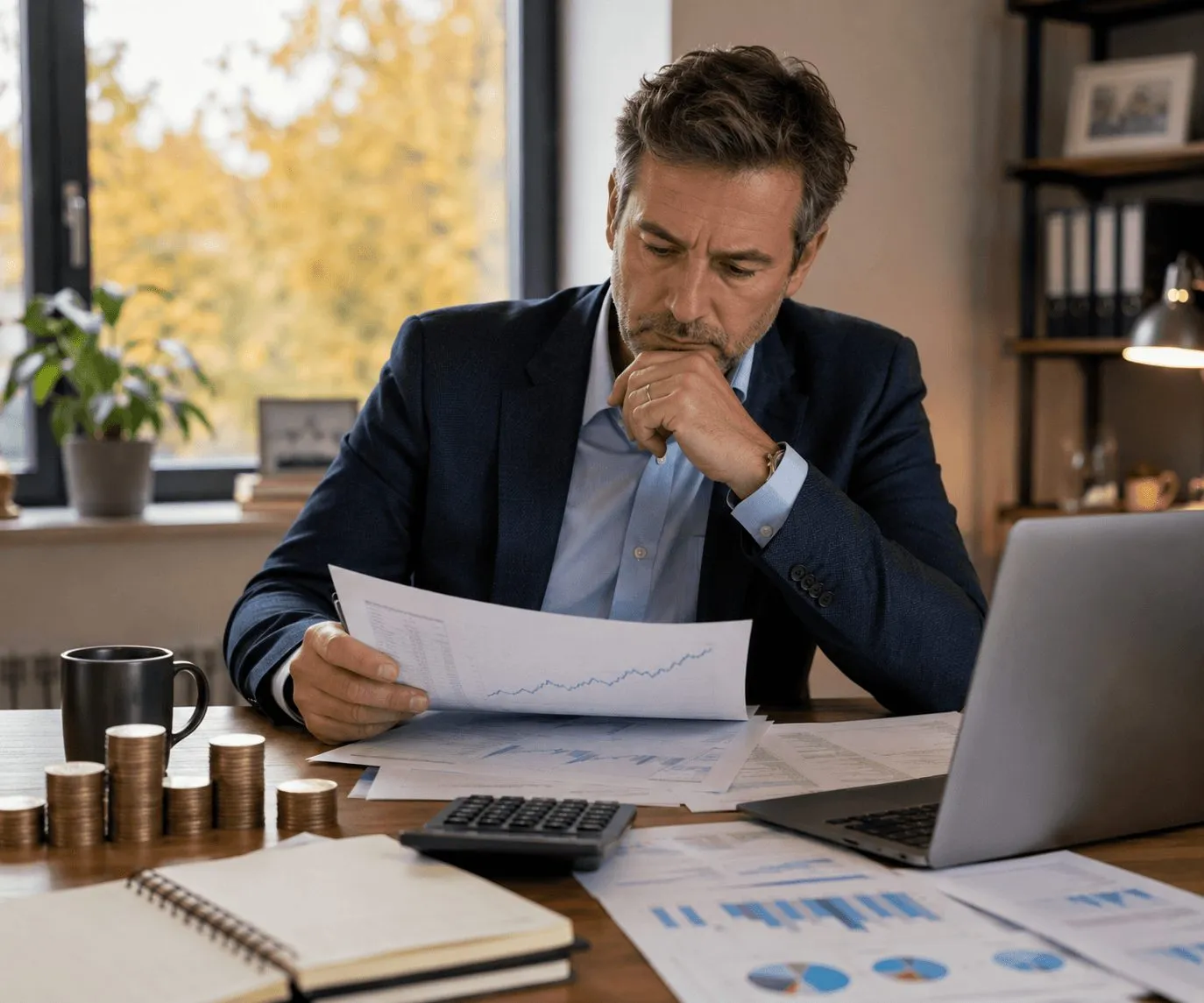 A business owner sits at his desk reviewing financial charts and figures, weighing up the impact of a possible Budget tax rise.