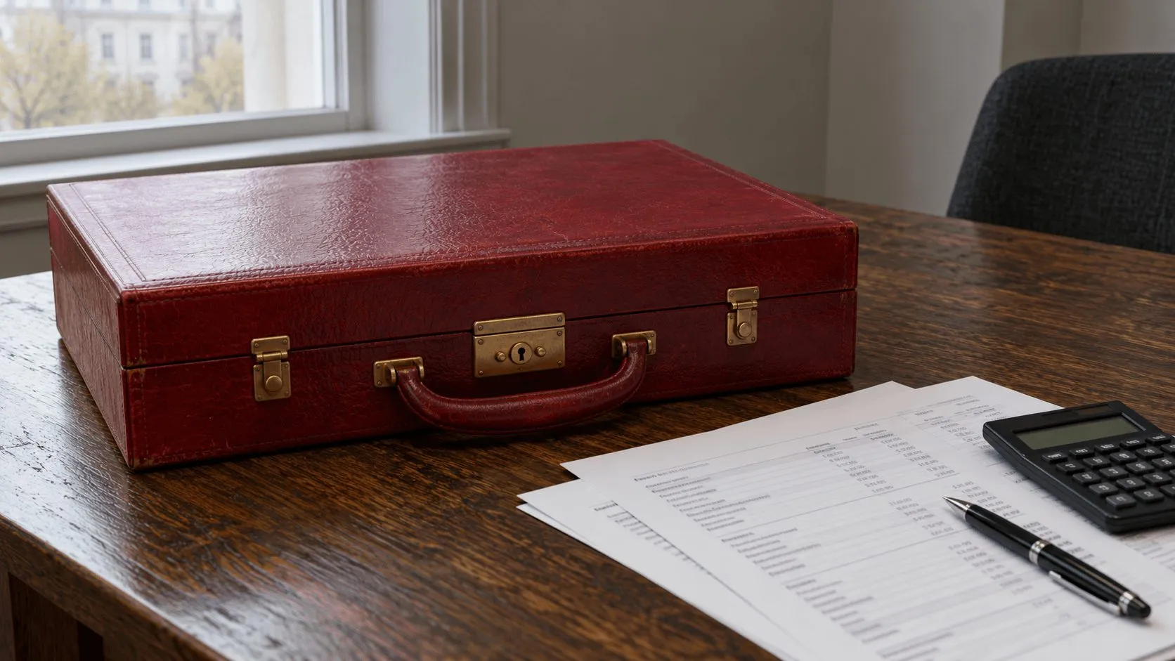 A red leather Budget-style case sits on a desk beside printed financial statements, a pen and a calculator.