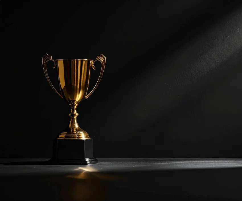 A gold trophy lit against a dark background.