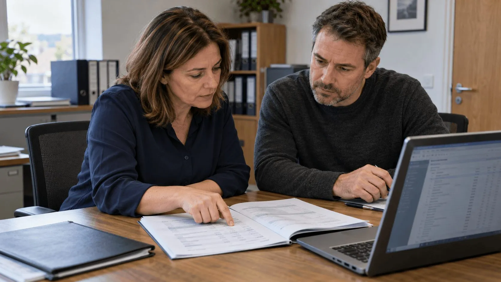 Two business owners sit at a desk reviewing their annual accounts together, with printed statements and a laptop open in front of them.