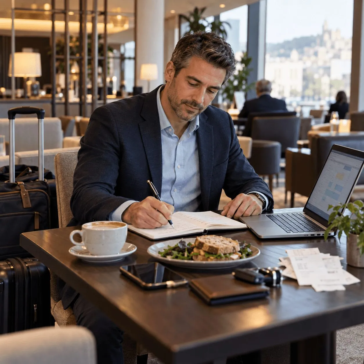 A company director works on a laptop over coffee and lunch in a hotel lounge, with a notebook, travel receipts and luggage on the table.