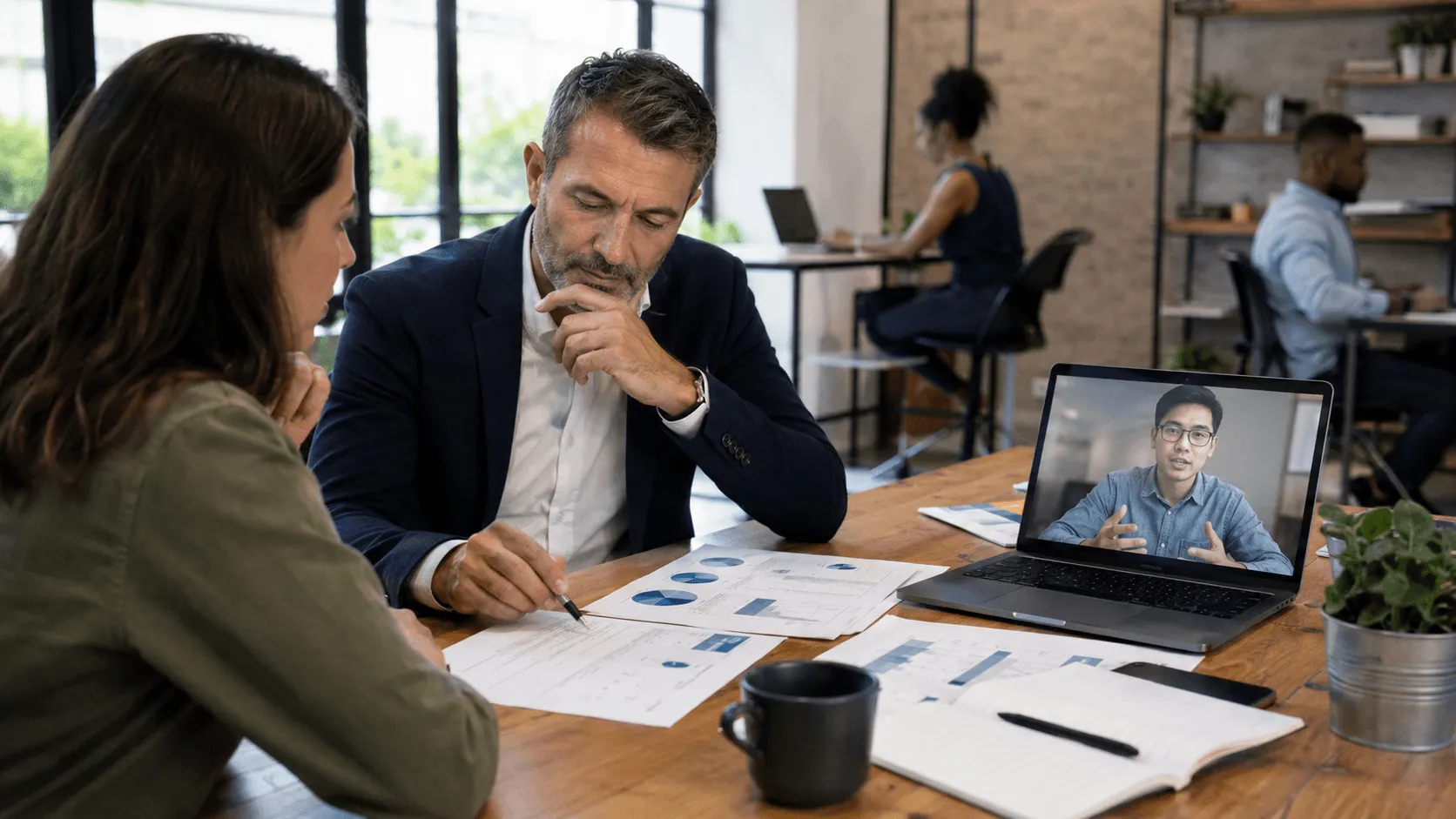 Two colleagues reviewing documents at a meeting table while a third person joins by video call on a laptop.