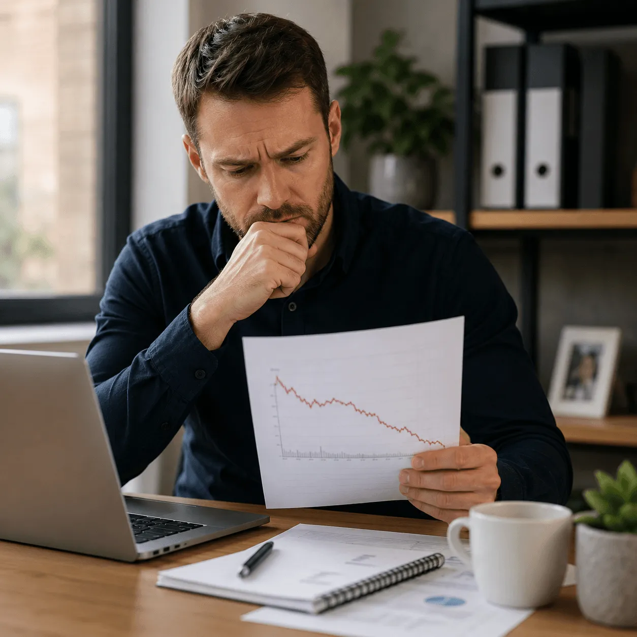 A business owner at a desk studying a printed chart showing a falling line.