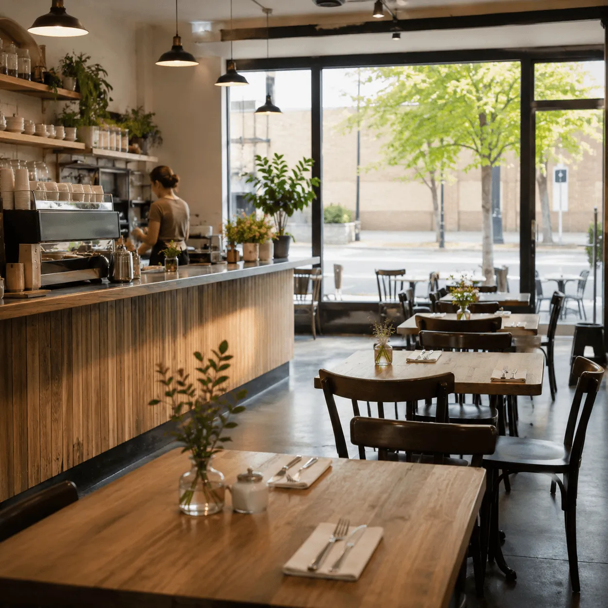 The interior of a quiet independent cafe mid-morning, with empty tables and a member of staff behind the counter.