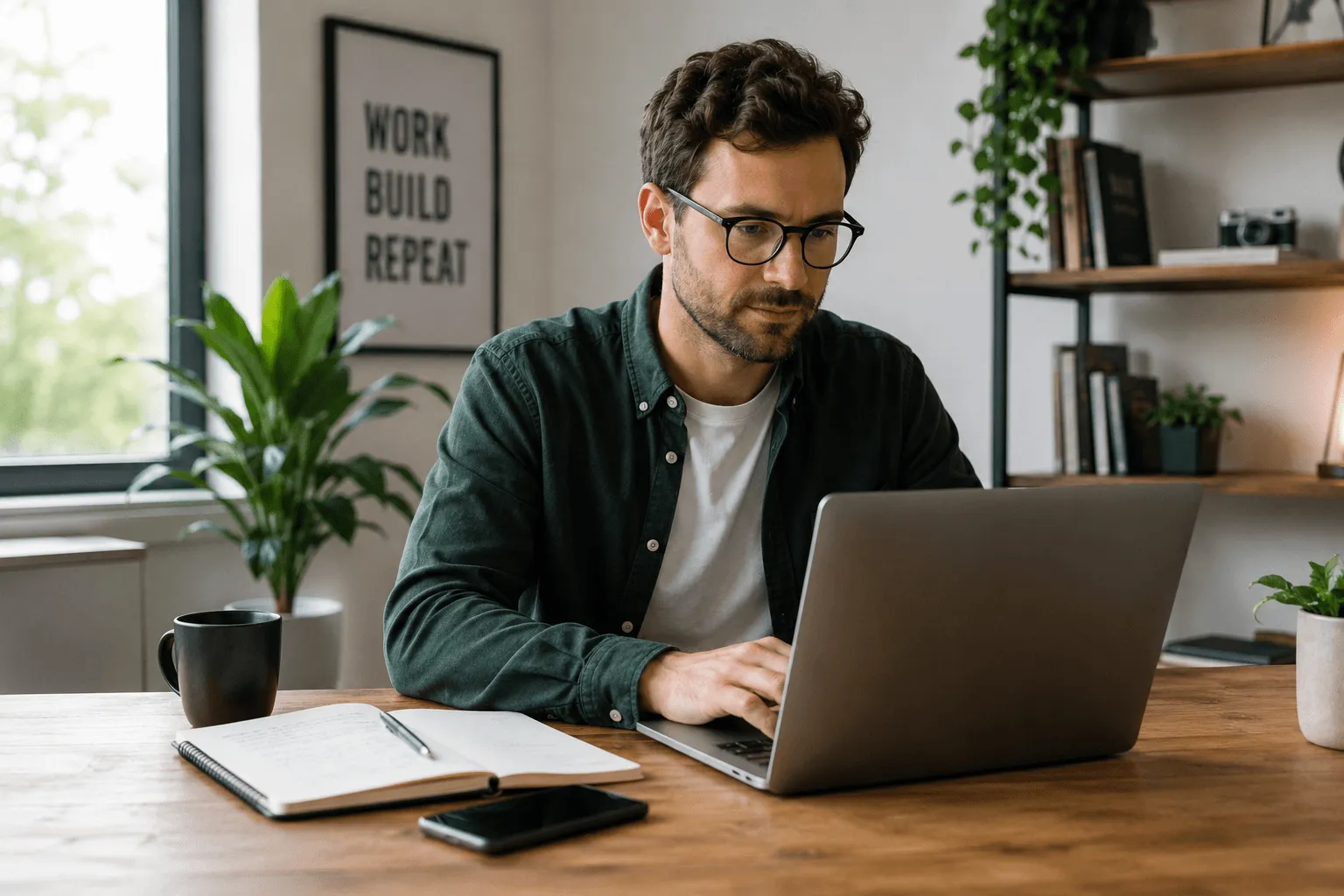 A contractor working on a laptop at a desk at home, with a notebook and phone beside him.