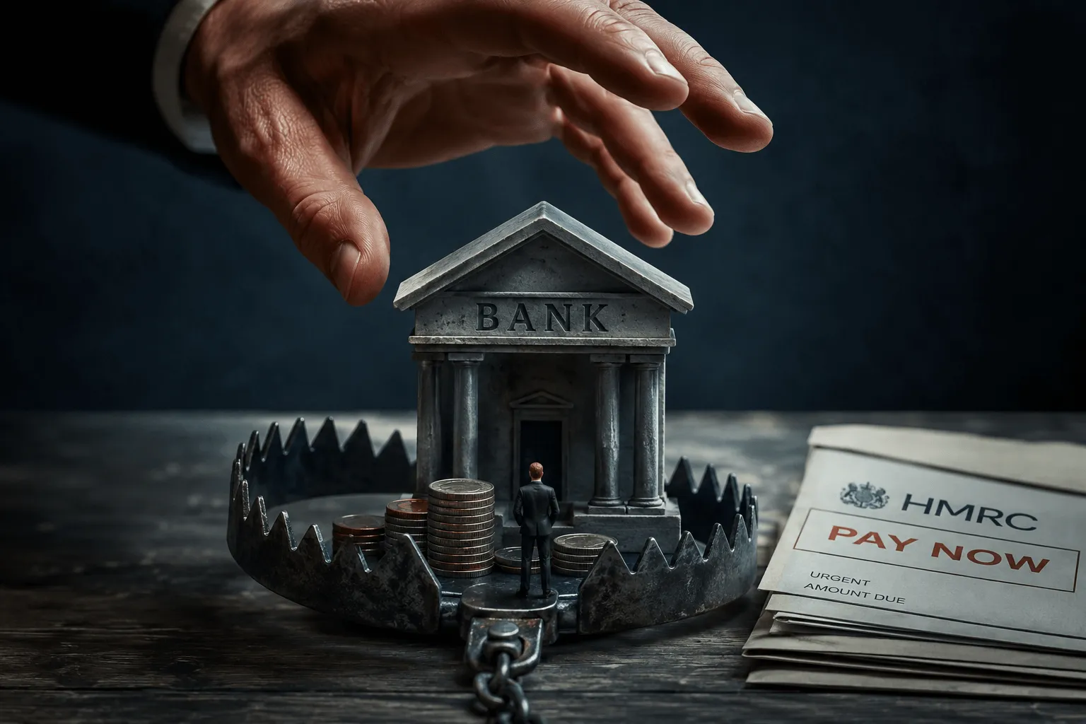 A model bank building sitting in an open mantrap, with a hand reaching down towards it and an HMRC payment demand alongside.