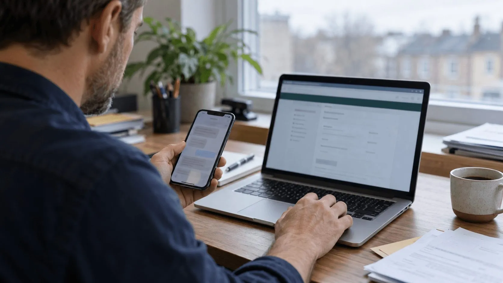 A man at his desk checks a text message on his phone while signed in to his HMRC online account on a laptop, verifying whether the message is genuine.