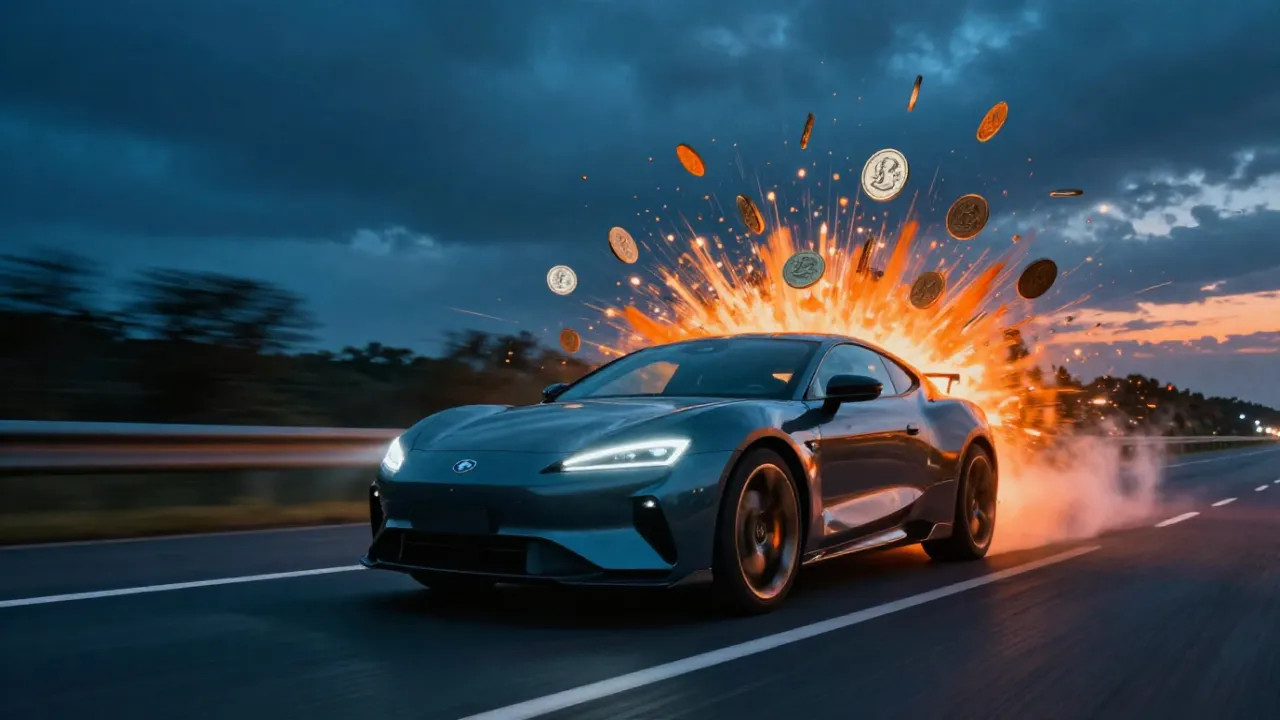 An electric car driving at dusk with coins scattering in its wake.
