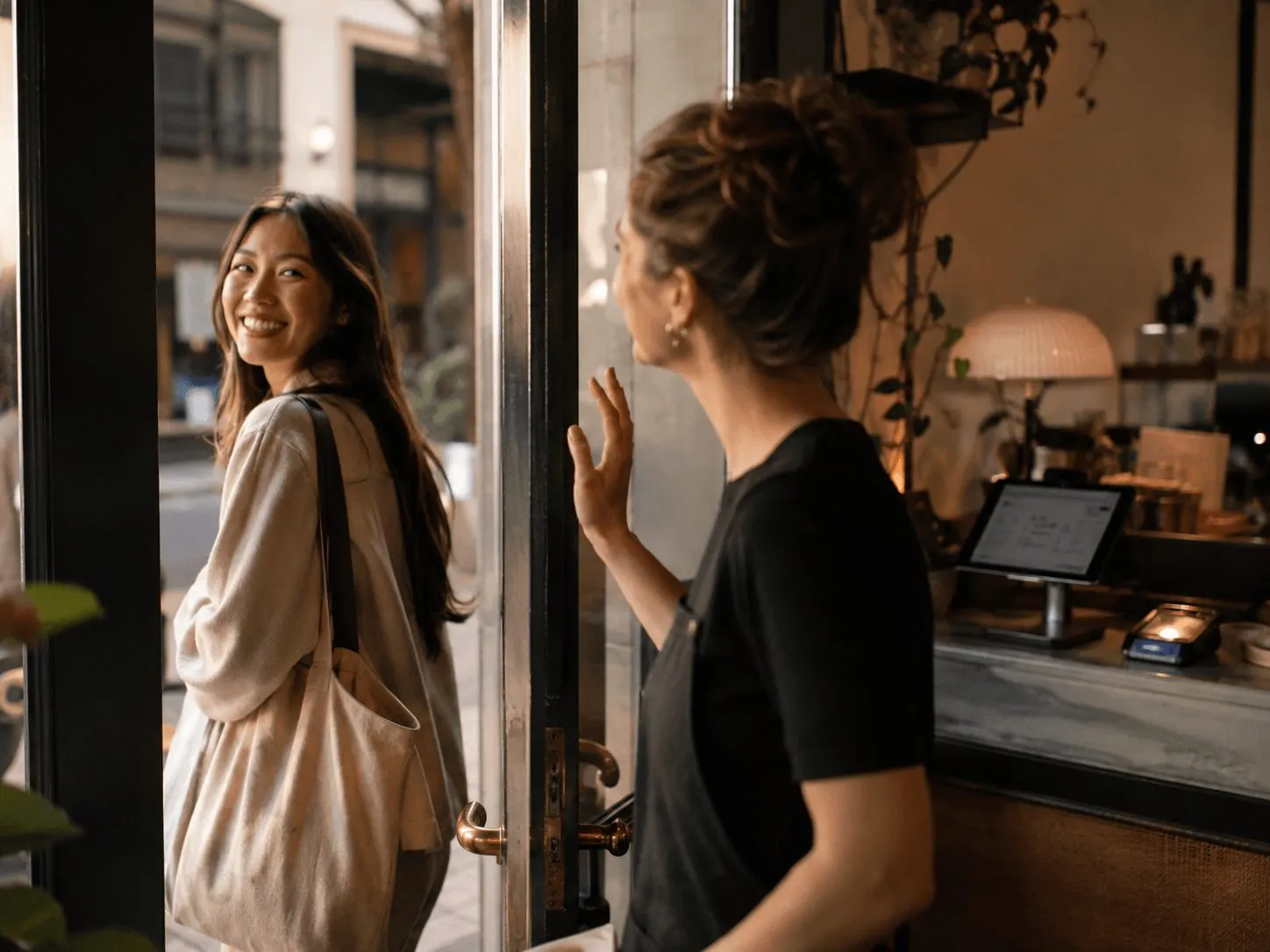 A shop assistant in an apron waves goodbye to a smiling customer leaving a cafe, the warm final moment of a visit.