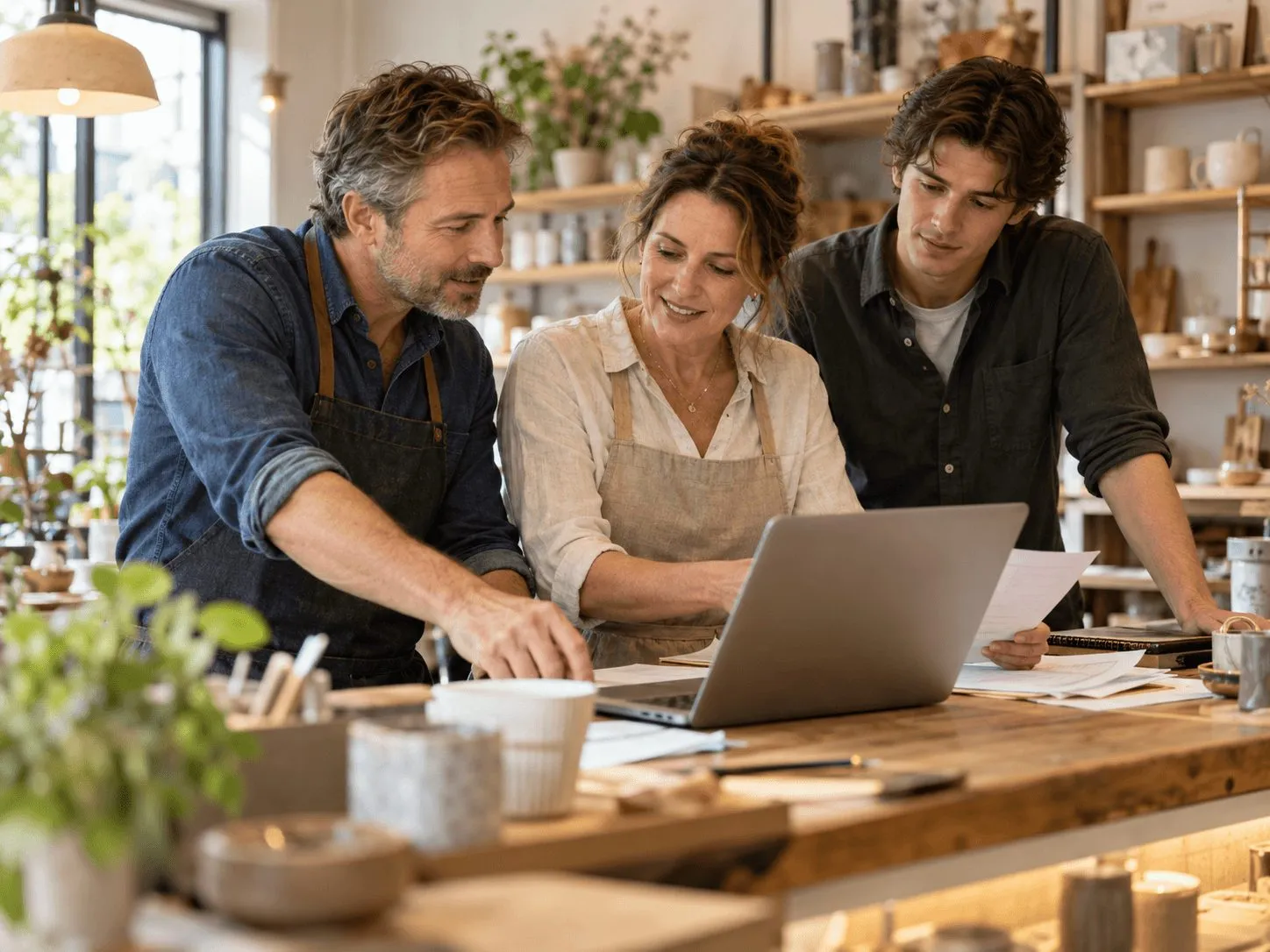 A husband, wife and their adult son run their independent shop together, going over the figures on a laptop at the counter.