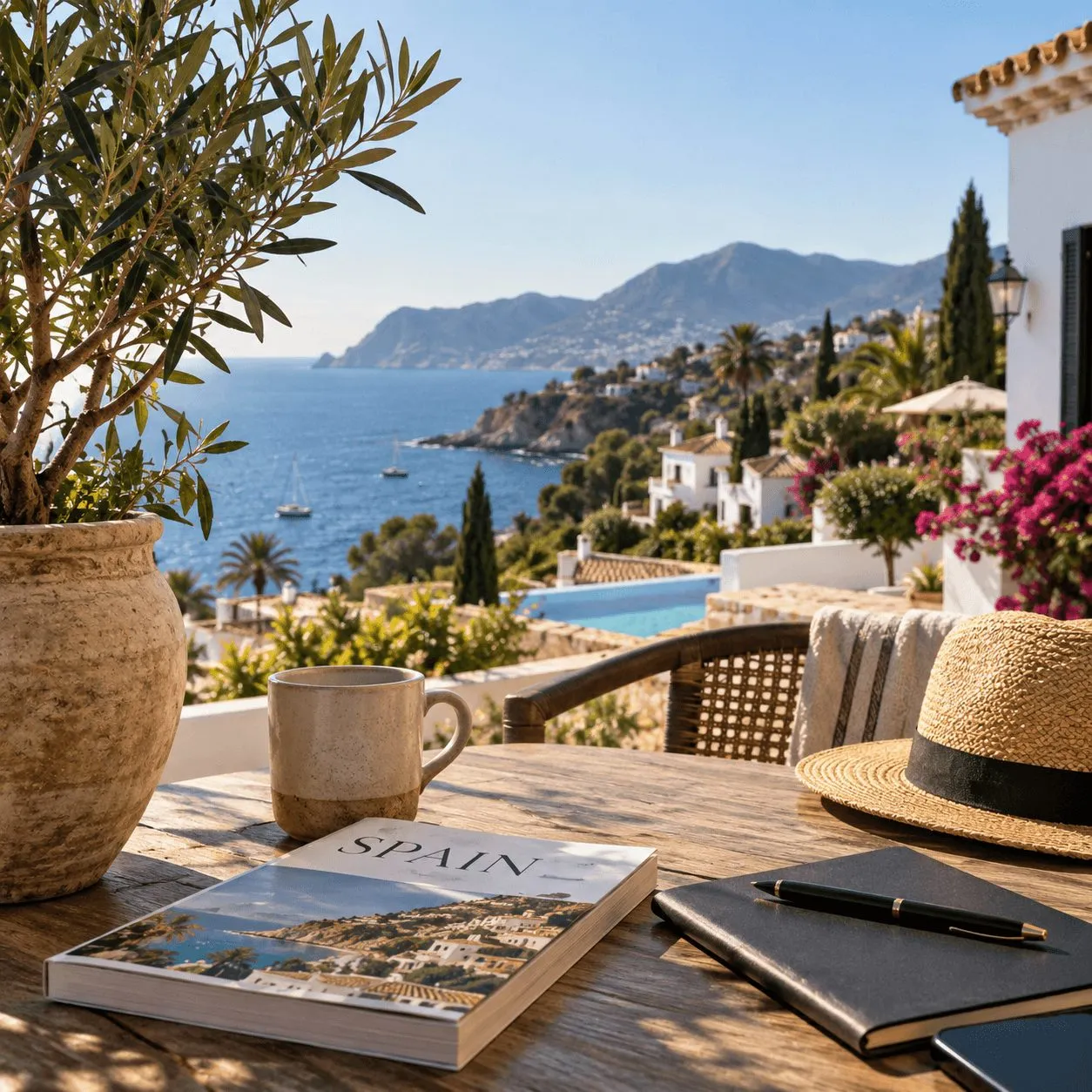 A coffee and a Spain guidebook on a sunlit terrace table overlooking the Mediterranean coast, with white villas and the sea beyond.