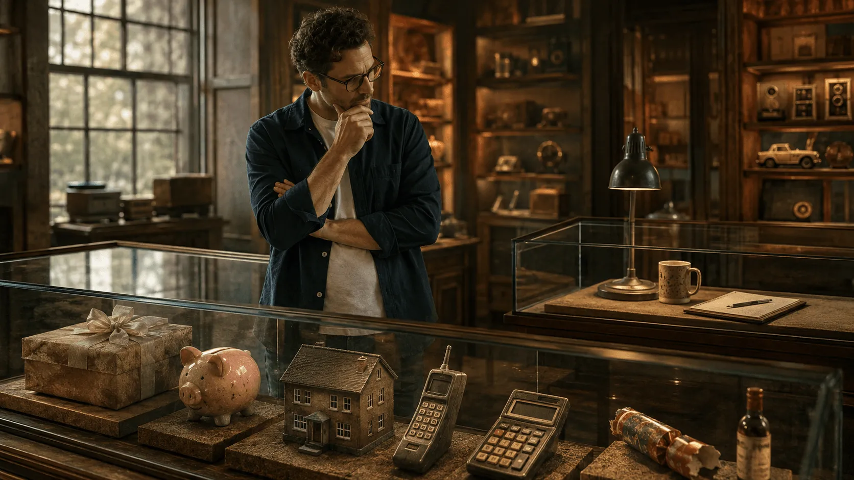 A man standing in front of a glass cabinet of vintage objects, including an old adding machine and a money box.