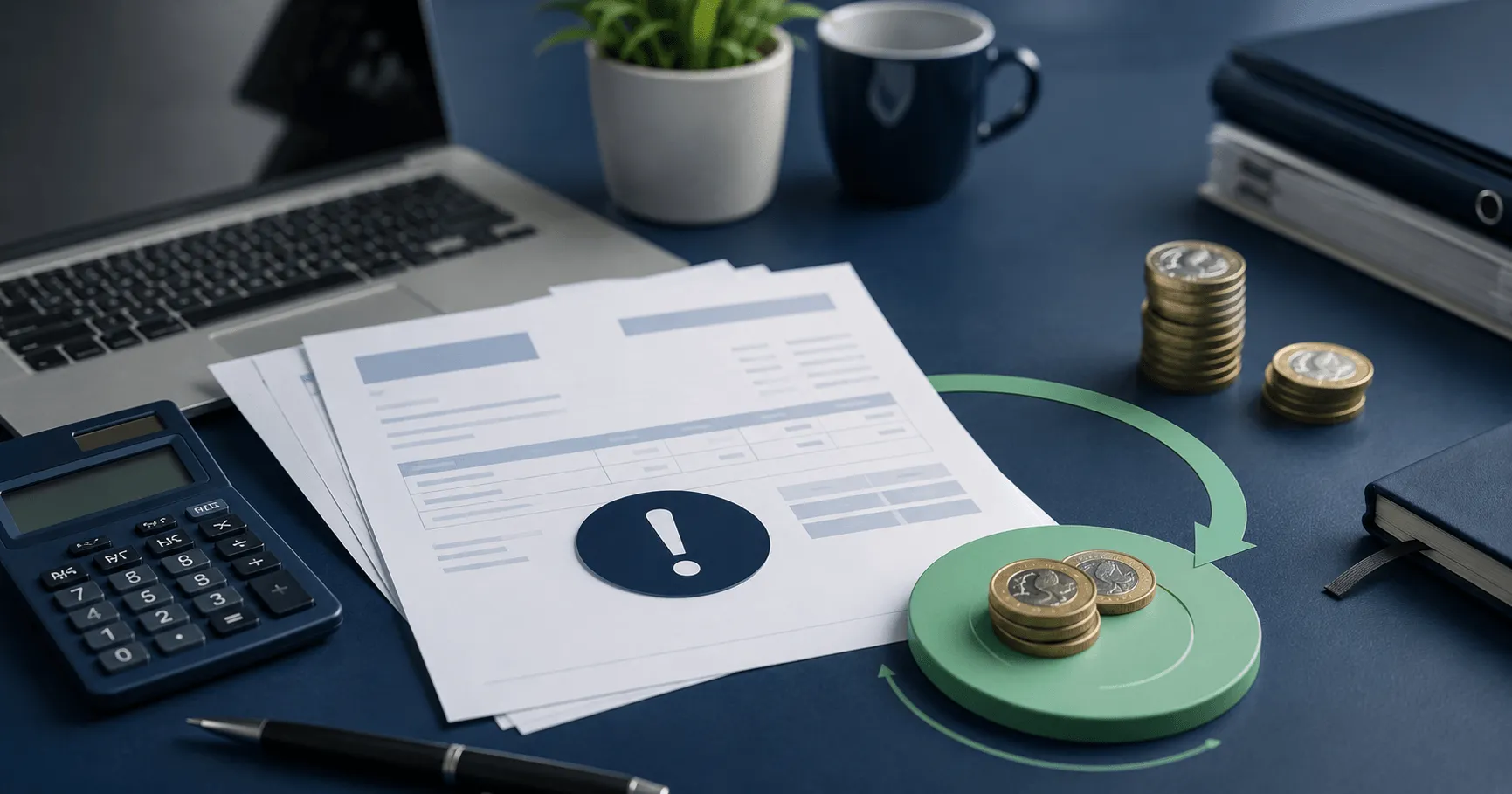Unpaid invoices, a calculator and stacked coins on a desk, with a warning symbol on the top document.