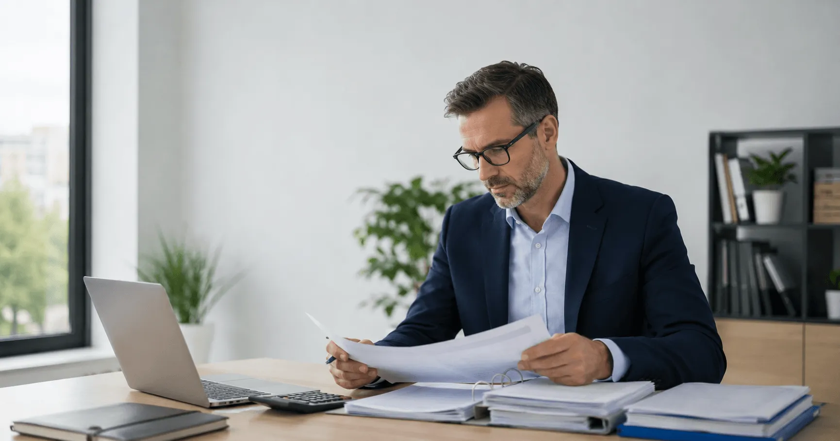 An accountant in a suit reading through a set of printed accounts at an office desk.